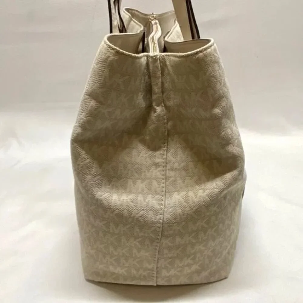 Michael Kors Griffin Large Logo‎ Tote Natural Jacqard Canvas Leather Trim GUC